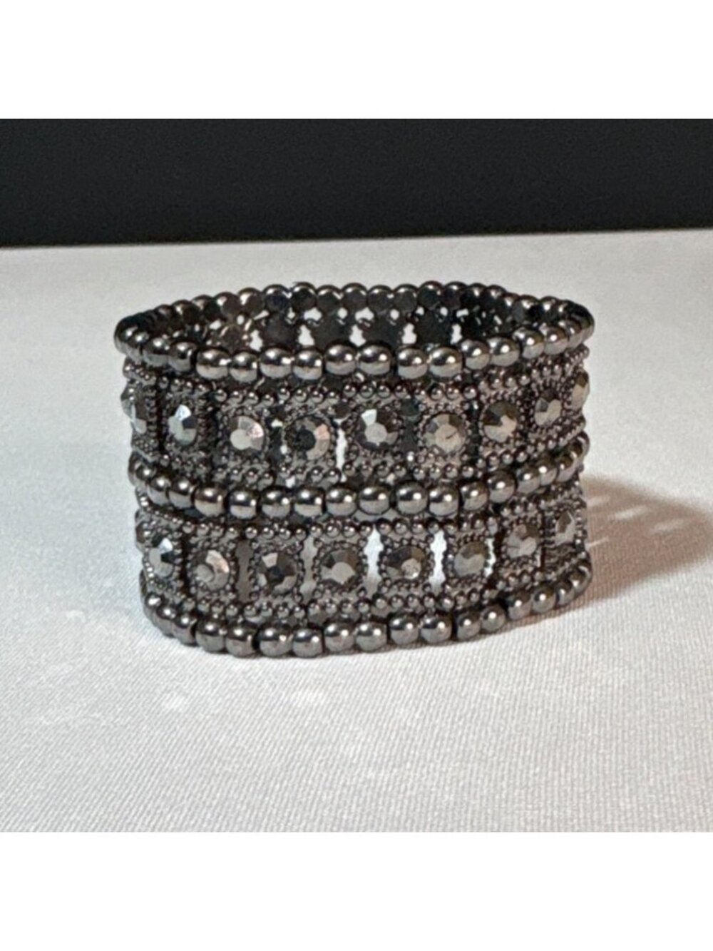Rhinestone Wide Gunmetal Stretch Cuff Bracelet Gunmetal Gray Bead Jewelry